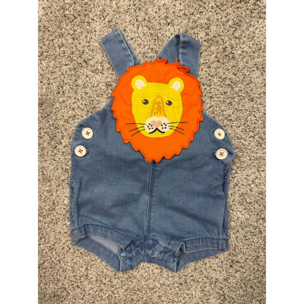 Baby Boden Denim Shortalls Lion Applique 0-3M Blue Embroidered Overalls